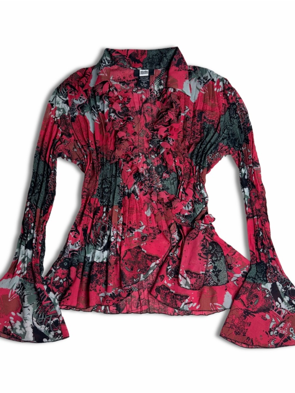 Y2K Studio 1940 Kimono Style Tied Wrap Blouse in a Raspberry Floral Graphic